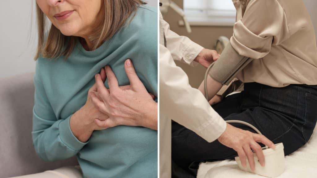 Woman experiencing chest pain and examination