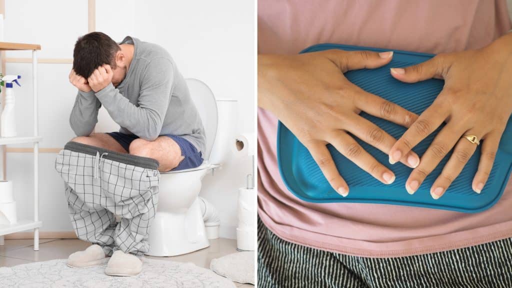 Man in distress, woman with heating pad